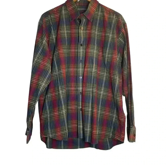 Alan Flusser Men’s Red Green Navy Plaid Button Down Shirt XL Holiday Office - Picture 1 of 9